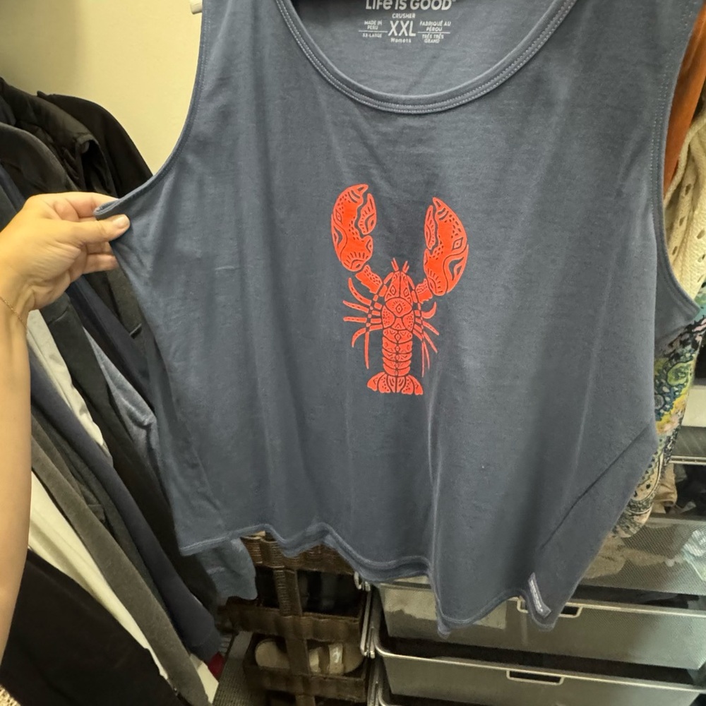 Life is Good Blue Tank Top with orange Lobster Design